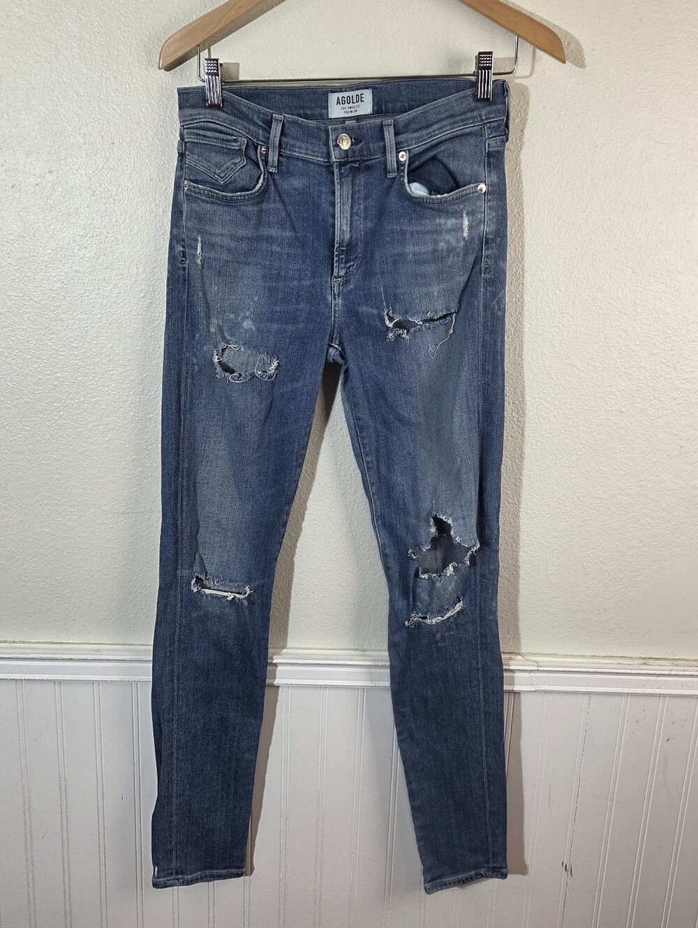 AGOLDE Sophie High Rise Skinny Jeans 27 Blue Distressed Ripped Stretch Denim